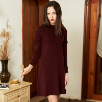 千柏年羊绒连衣裙女2017新款中长款羊绒衫加厚堆堆领格纹毛衣套头