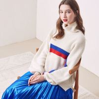 秋冬时尚高领毛衣潮流撞色条女式毛衣