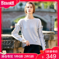 千柏年2017冬圆领羊绒衫女时尚抽条套头纯色打底衫短款公主袖毛衣