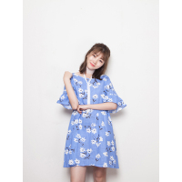 MolaLuna2018夏款新款韩版百搭宽松短袖公主裙印花连衣裙女士