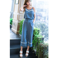 MolaLuna2018春秋女士韩版OL通勤女雪纺吊带阔腿裤女士套装