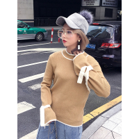 MolaLuna2018秋季直筒套头卡其撞色系带套头毛衣女士毛针织衫
