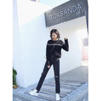 MolaLuna2018年秋季女士新品黑色磨白破洞长裤牛仔裤女
