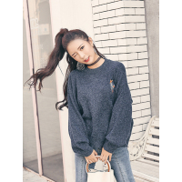 MolaLuna2018秋季女士新品韩版刺绣柔软宽松套头毛针织衫