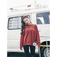 MolaLuna2018秋季宽松套头韩版刺绣复古红色毛针织衫