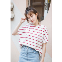MolaLuna2018夏季新品韩版百搭条纹显瘦学院短袖T恤女士