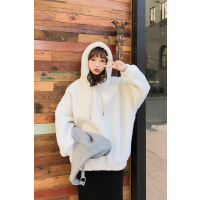 2018秋冬新款白色宽松连帽中长款羊羔毛卫衣外套女加厚上衣