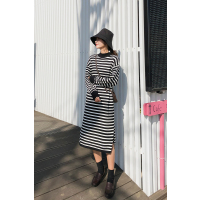 2018韩版慵懒风条纹毛衣连衣裙女秋冬宽松中长款套头针织衫