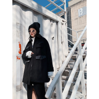 实拍chic甜美缎面拼接翻领衬衫呢子大衣女in显瘦抽绳收腰毛呢外套