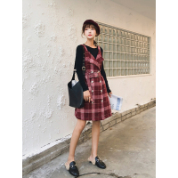 秋装女2018新款温柔风针织上衣格子收腰中长款背带裙两件套