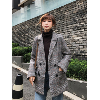 2018秋装新款韩版小个子百搭显瘦大衣复古格纹小西装外套女