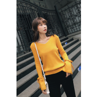 秋装新款针织衫女打底衫套头毛衣宽松喇叭袖上衣