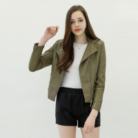 女款时尚拉链装饰立领修身显瘦皮衣外套