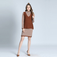 拼色条纹连衣裙宽松背心针织两件套