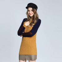 拼色简约中长款圆领长袖针织衫