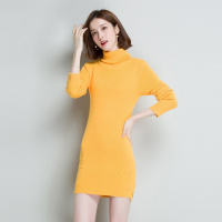 高领纯色长袖修身针织连衣裙