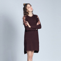 肩部拼接蕾丝纯色中长款针织连衣裙