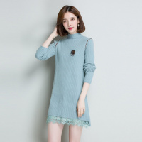 女款纯色半高领蕾丝拼接打底针织连衣裙
