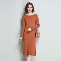 波浪边纯色修身显瘦下摆开叉连衣裙