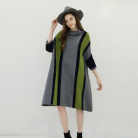 女款竖条纹半高领时尚七分袖针织连衣裙