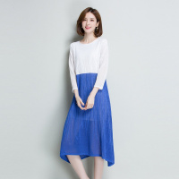 女款春装圆领长袖拼色宽松连衣裙