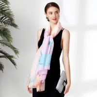 WILLIAM&KATE中国风古典水墨荷花加大加宽薄款印花渐变丝巾披肩均码