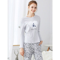 爱帝女士全棉圆领休闲家居服套装可爱少女风睡衣长裤长袖2018新款春秋