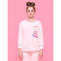 爱帝冬季女式印花法兰绒睡衣长袖卡通可爱图像厚款家居服套装