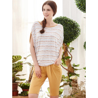 爱帝夏季女式休闲宽松印花蝙蝠袖中裤家居服套装