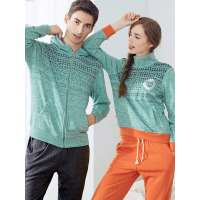 爱帝秋冬情侣花纱珊瑚绒男士撞色连帽印花休闲运动家居服套装