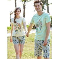 爱帝情侣睡衣女夏季简约时尚可外穿短袖短裤纯棉睡衣男家居服套装薄款