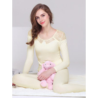 爱帝女士秋冬镂空蕾丝圆领棉莫基础薄款秋衣秋裤性感保暖内衣套装