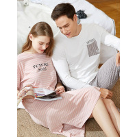 爱帝情侣长袖家居服可外穿甜美春夏纯棉套装青年男士女士睡衣长裙