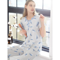 爱帝睡衣女士春夏季舒适棉莫薄款清新学生睡衣宽松可爱树叶印花短袖套装