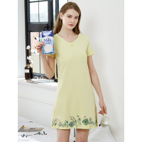 爱帝女士睡裙短袖冰丝感睡衣薄款棉莫清混合面料新家居服V领蕾丝睡衣女夏季