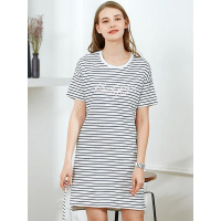 爱帝女士条纹字母短袖裙纯棉夏季舒适透气印花家居裙子条纹t
