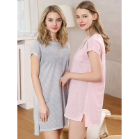 爱帝女士清新条纹裙睡衣性感简约少女家居睡裙纯棉夏季短袖t裙子
