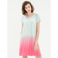 爱帝女式吊染家居裙睡衣睡裙女士圆领打底衫柔软亲肤撞色