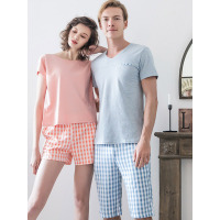 爱帝情侣家居服纯棉短袖男士睡衣夏款女士格子休闲服套装T恤短裤