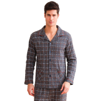 爱帝春夏新品男式全棉格纹长袖长裤家居服套装