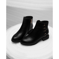 白鳕儿冬季欧美修面皮短筒圆头中跟粗跟侧拉链日常时尚女士靴子