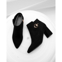 白鳕儿冬季欧美磨砂短筒尖头高跟粗跟侧拉链日常时尚女士靴子