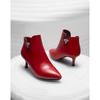 白鳕儿冬季欧美修面骑士靴短筒尖头高跟细跟侧拉链时尚女士靴子