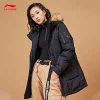李宁（LI-NING）女款中长款连帽毛绒保暖羽绒服外套AYMP156-2