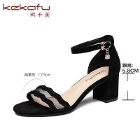 珂卡芙高跟凉鞋女仙女风2019夏季新款一字带粗跟红凉鞋chic女鞋