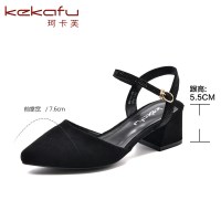 珂卡芙中空单鞋女2019春季新款水钻一字扣尖头高跟鞋百搭粗跟凉鞋