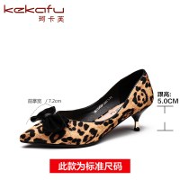 珂卡芙单鞋女2019春季新款浅口尖头高跟鞋细跟蝴蝶结中跟豹纹鞋女
