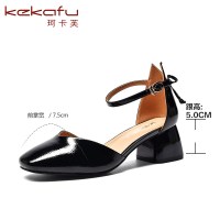 珂卡芙单鞋女2019春季新款甜美浅口中空女鞋蝴蝶结百搭粗跟凉鞋女