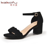 珂卡芙时尚凉鞋女平跟一字扣女鞋2019新款高跟粗跟露趾凉鞋女夏