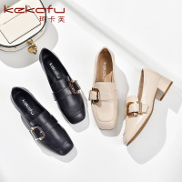 珂卡芙方头单鞋女2019秋季新款复古风中跟女鞋通勤风粗跟百搭鞋子